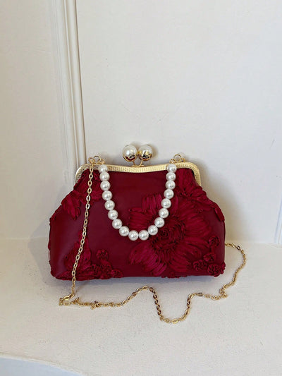 Romantic Wine Red 3D Flower Handbag with Faux Pearl Detailing - Perfect for Special Occasions