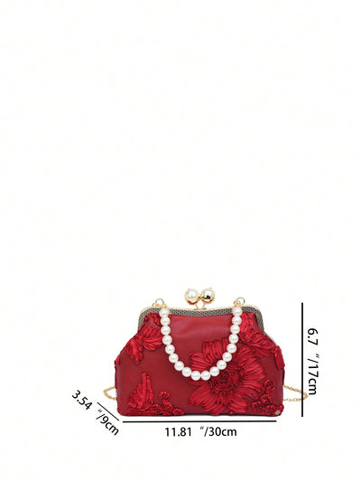 Romantic Wine Red 3D Flower Handbag with Faux Pearl Detailing - Perfect for Special Occasions
