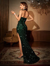 Radiant Glamour: Asymmetrical Sequin Formal Dress with Split Thigh & Backless Design