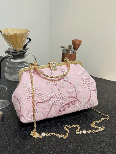 Chic Pink Lace Embroidery Shoulder Bag: The Perfect Accessory for Parties, Weddings, and Special Occasions