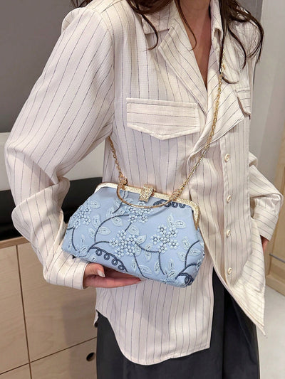 Elegant Blue Lace Embroidery Handbag for Special Occasions