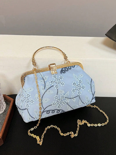 Elegant Blue Lace Embroidery Handbag for Special Occasions