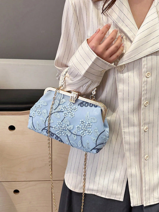 Elegant Blue Lace Embroidery Handbag for Special Occasions