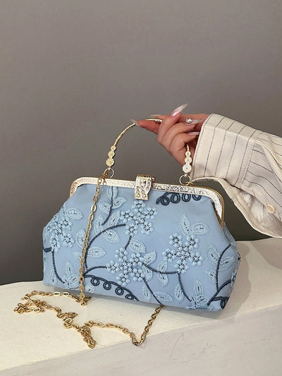 Elegant Blue Lace Embroidery Handbag for Special Occasions