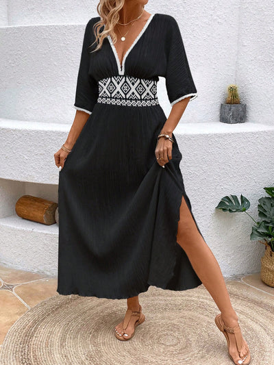 Chic Geometric Woven Belted Batwing Sleeve Dress - Perfect for Any Occasion!