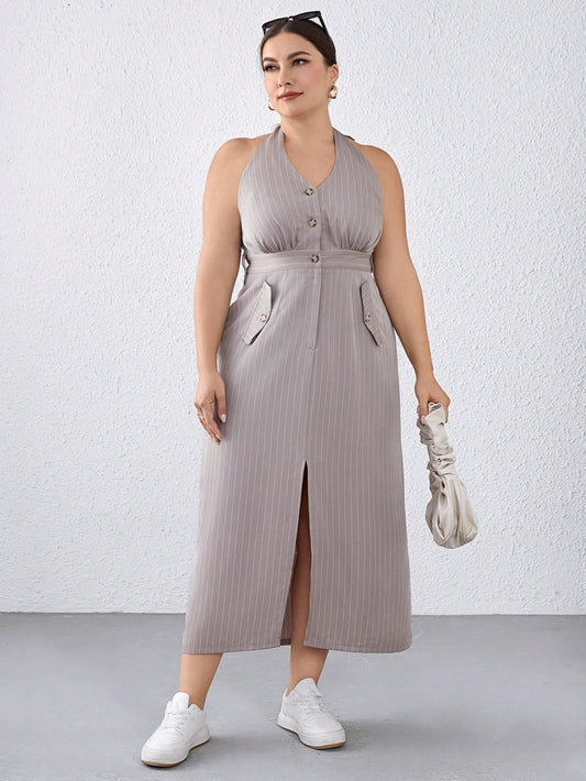 Upgrade your wardrobe with our Elegantly Chic Plus Size Overall Midi Dress. This sophisticated dress boasts a striking striped design, self-tie sleeveless top, and convenient pockets. Perfect for any occasion, this dress effortlessly combines style and functionality for a flattering, comfortable fit.