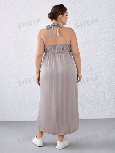 Elegantly Chic: Plus Size Stripe Self-Tie Sleeveless Pocketed Overall Midi Dress