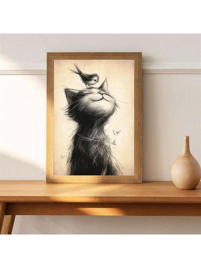 Whimsical Wall Art: A Bird Standing On A Cat's Head - Unframed Canvas Poster