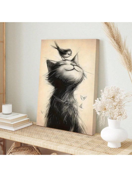 Add a whimsical touch to your home decor with this unframed canvas poster featuring a bird perched atop a cat's head. The high-quality print is sure to make a statement and add a unique charm to any room. Bring joy and imagination to your space with this one-of-a-kind wall art.