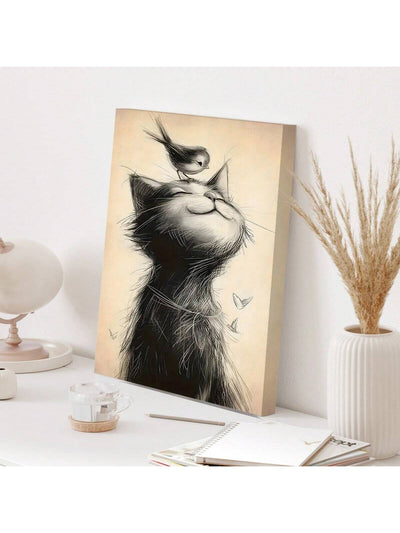 Whimsical Wall Art: A Bird Standing On A Cat's Head - Unframed Canvas Poster