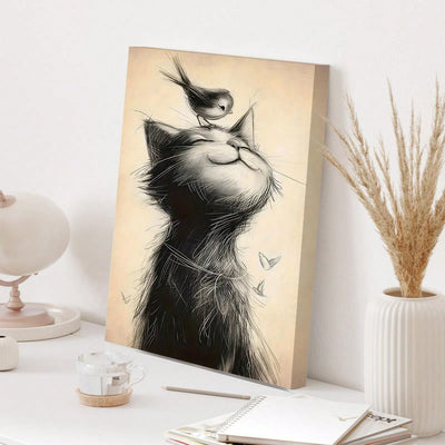 Whimsical Wall Art: A Bird Standing On A Cat's Head - Unframed Canvas Poster