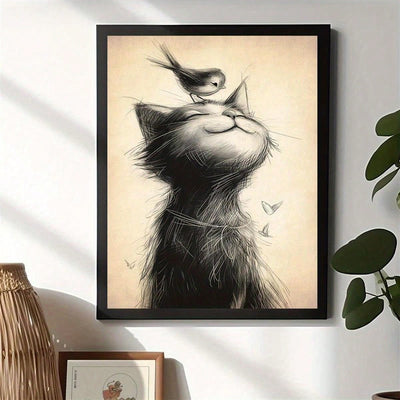 Whimsical Wall Art: A Bird Standing On A Cat's Head - Unframed Canvas Poster