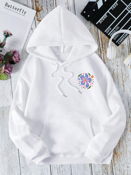 Floral Bliss: Women's Drop Shoulder Drawstring Hooded Sweatshirt