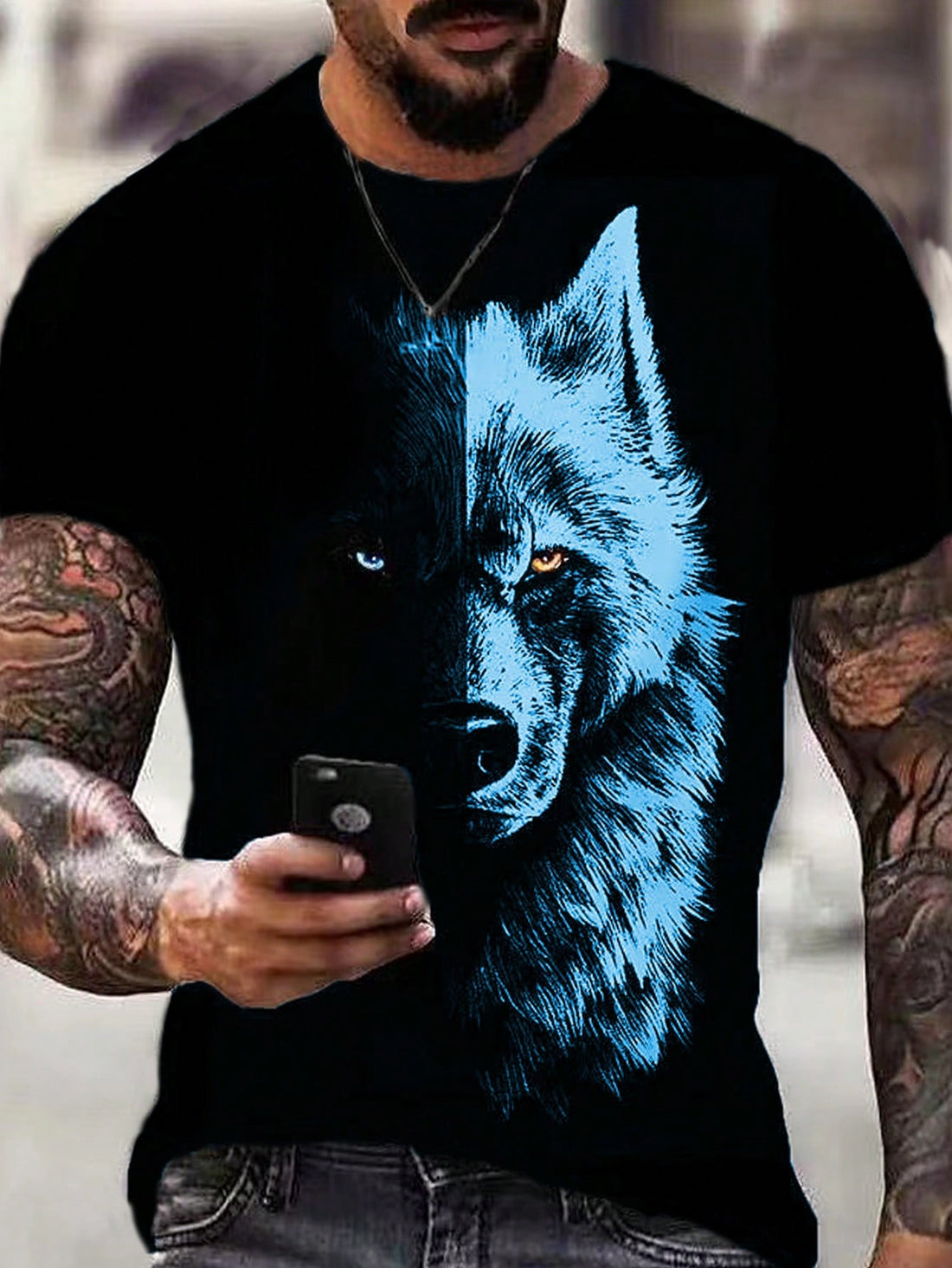 Introducing the Urban Wild t-shirt for men, featuring a stylish and unique wolf print on a short sleeve shirt. Perfect for the wild and adventurous man in your life. Makes a great gift for any occasion. Get yours today and embrace your urban wild side!