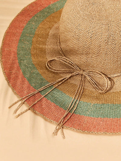 Rainbow Stripe Bicolor Bowknot Woven Hat: Your Perfect Vacation Accessory