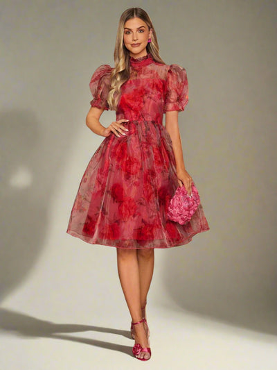 Floral Finesse: Elegant Puff Sleeve Dress for Spring/Summer