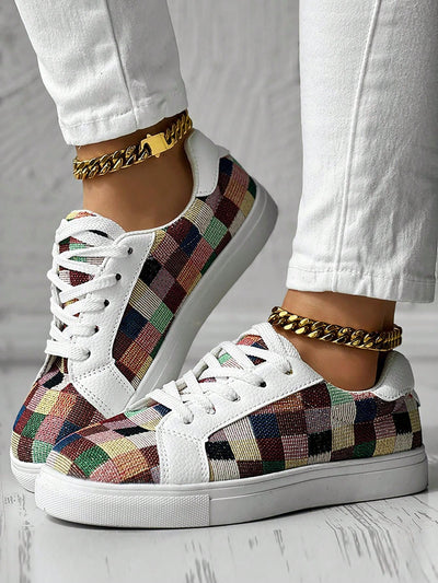 Colorful Plaid Print Lace-Up Sport Shoes: The Perfect Daily Wear Sneakers!