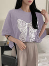 Fluttering into Summer: Women's Butterfly Printed T-Shirt with Bow Tie Decoration