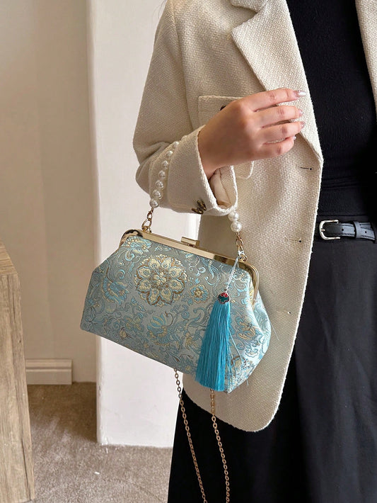 Pearl-Adorned Blue Embroidered Handbag: The Ultimate Evening Accessory for Parties and Special Occasions