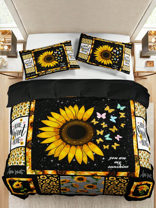 Sunflower Serenity: 3-Piece Rural Style Bedding Set with High-Definition Floral Print