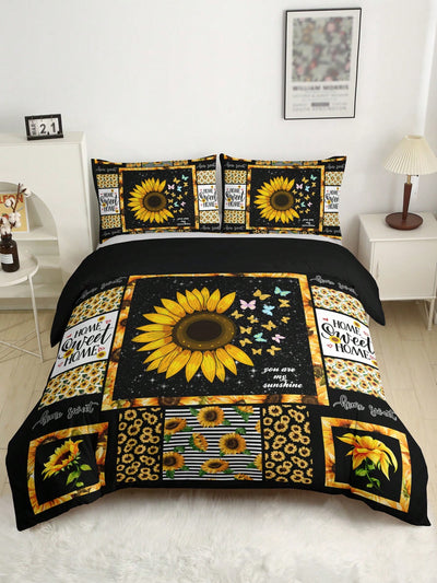 Sunflower Serenity: 3-Piece Rural Style Bedding Set with High-Definition Floral Print