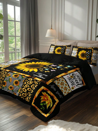 Sunflower Serenity: 3-Piece Rural Style Bedding Set with High-Definition Floral Print