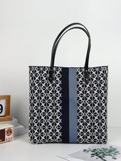 Floral Stripe Embroidered Tote Bag: Lightweight, Foldable, Stylish & Versatile for All Seasons