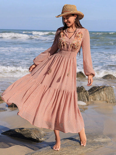 Bohemian Blossoms: High Collar Floral Print Lantern Sleeve Dress with Belt