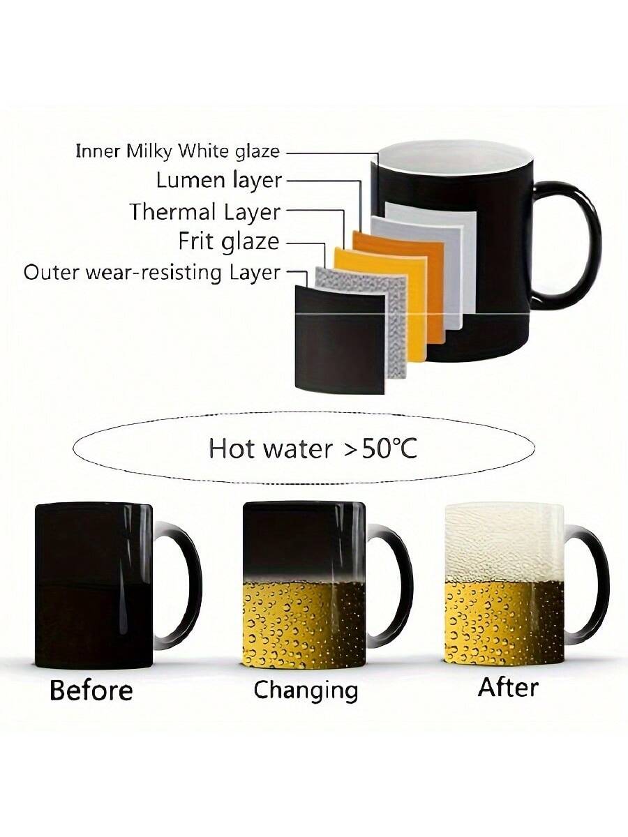 This color-changing ceramic beer mug is the perfect addition to any office space. Watch as your drink transforms into vibrant colors, adding a touch of magic to your day. Made with high-quality materials, this mug is both functional and eye-catching. Elevate your workspace with Brewing Magic.
