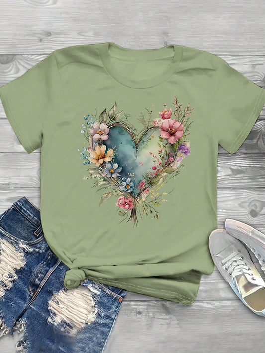 Love Blossom: Casual Short Sleeve T-Shirt with Heart & Flower Design