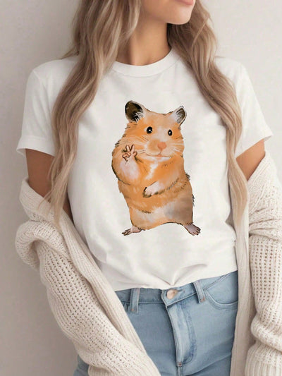 Summer Fun Hamster Print T-Shirt for Women - Casual Round Neck Short Sleeve Tee