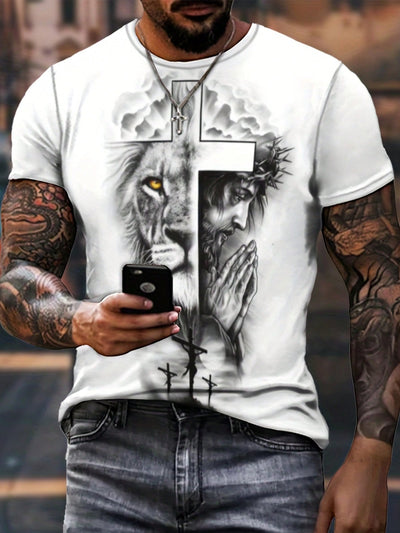 Lion King of Summer: Men's Casual T-Shirt with Cross Print