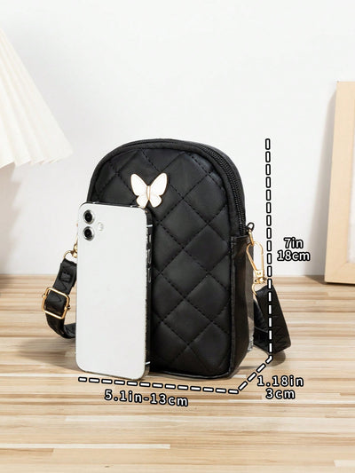 Diamond Grid Elegance: Bowknot Embroidery Crossbody Phone Bag for Women