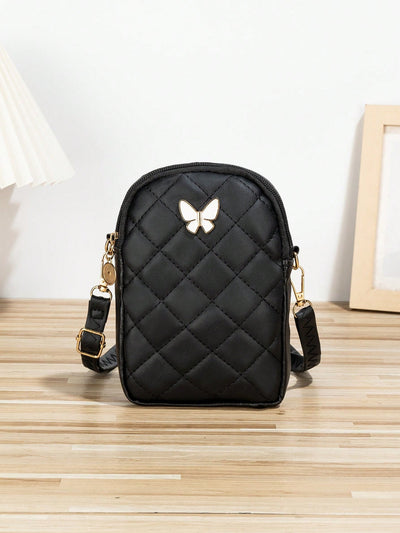 Diamond Grid Elegance: Bowknot Embroidery Crossbody Phone Bag for Women