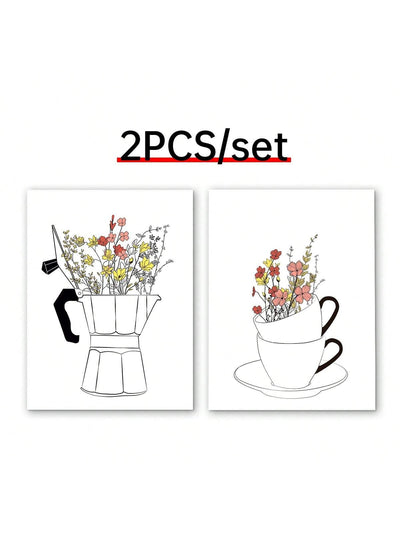 Chic Nordic Canvas Art Set: Coffee Cup & Floral Prints for Stylish Home Decor