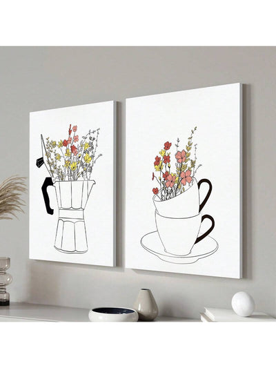 Chic Nordic Canvas Art Set: Coffee Cup & Floral Prints for Stylish Home Decor