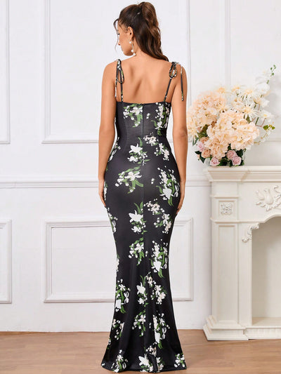 Blooming Beauty: Floral Print Tie Shoulder Mermaid Hem Maxi Cami Dress