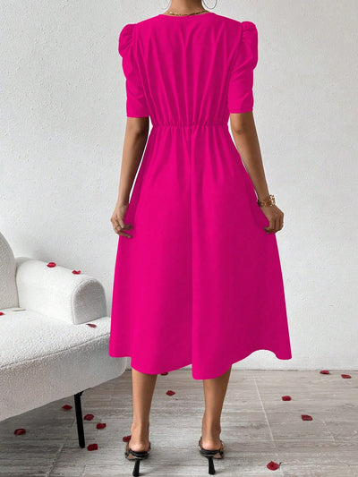 Effortlessly Chic: Solid Color V-Neck A-Line Dress with Waist Belt