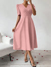 Effortlessly Chic: Solid Color V-Neck A-Line Dress with Waist Belt