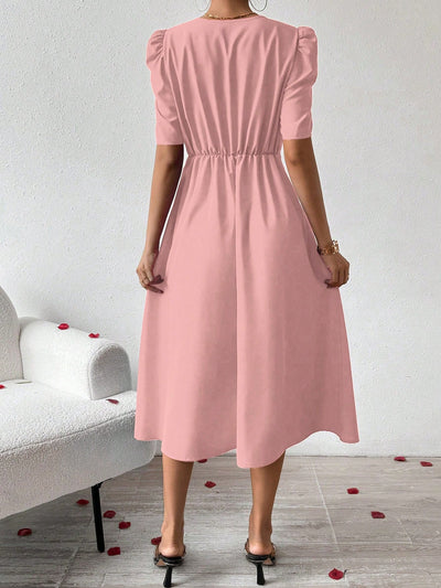 Effortlessly Chic: Solid Color V-Neck A-Line Dress with Waist Belt