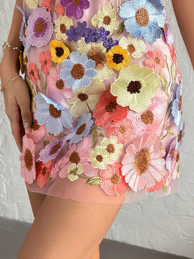 Summer Dream: 3D Floral Embroidered Backless Bodycon Mini Dress