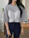 Fluttering into Summer: Women's Butterfly Printed T-Shirt with Bow Tie Decoration