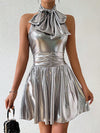 Sleek Silver Bowknot Belted Mini Dress: A Chic Addition to Your Wardrobe