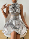 Sleek Silver Bowknot Belted Mini Dress: A Chic Addition to Your Wardrobe