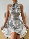 Sleek Silver Bowknot Belted Mini Dress: A Chic Addition to Your Wardrobe