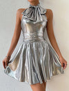 Sleek Silver Bowknot Belted Mini Dress: A Chic Addition to Your Wardrobe