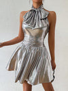 Sleek Silver Bowknot Belted Mini Dress: A Chic Addition to Your Wardrobe