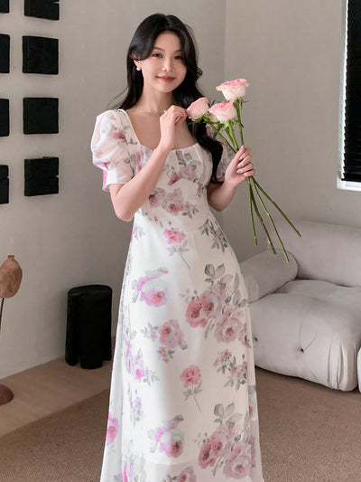 Nice Dreams: Summer Floral Printed Square Neck Short Sleeve Dress