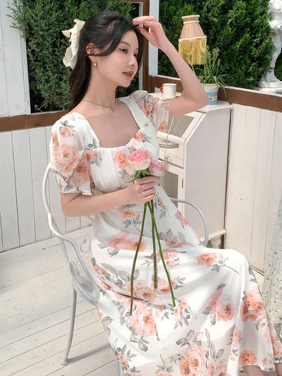 Nice Dreams: Summer Floral Printed Square Neck Short Sleeve Dress