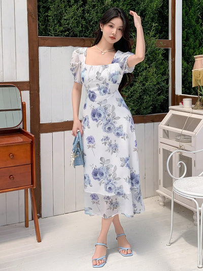 Nice Dreams: Summer Floral Printed Square Neck Short Sleeve Dress